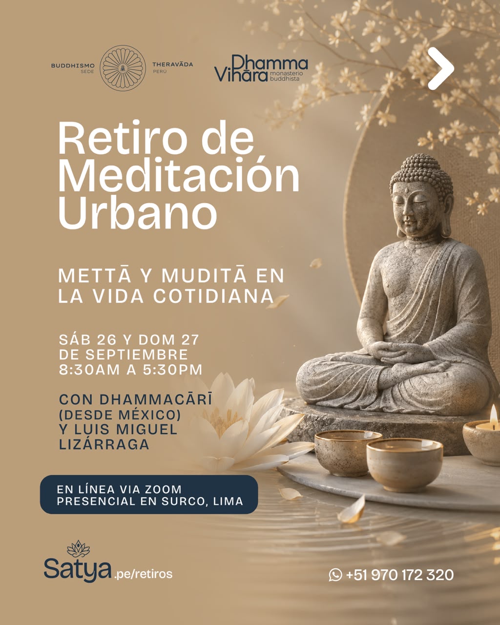 Cartel del Retiro de Meditación Urbano, mettā y muditā en la vida cotidiana, 26 y 27 de septiembre de 2026, en Surco (Lima) y en línea